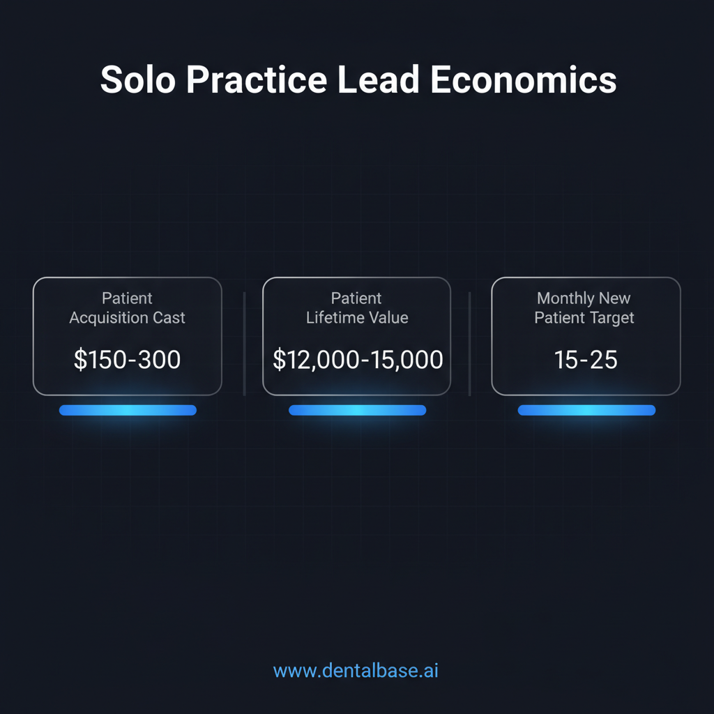 Infographic showing solo dental practice lead generation economics with patient acquisition cost and lifetime value metrics