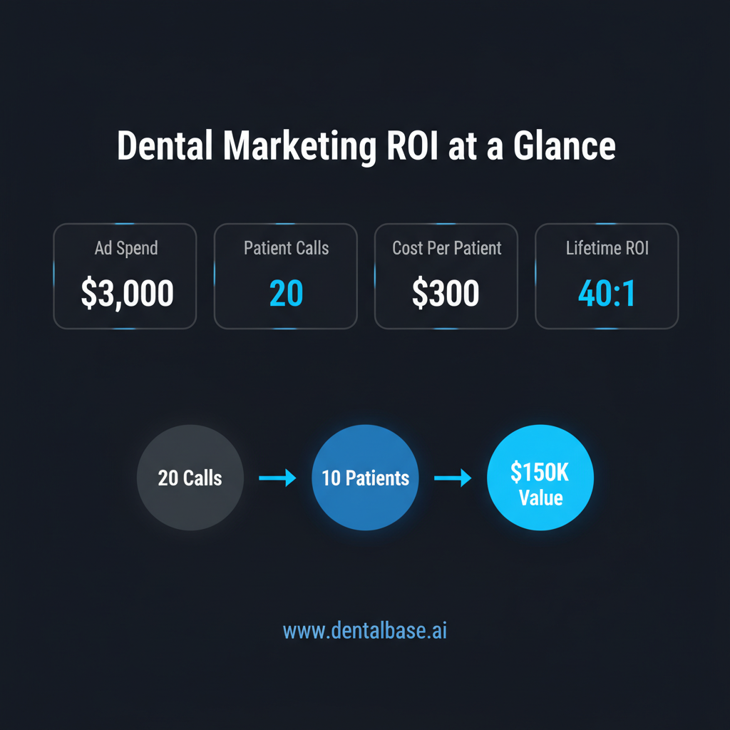 Dental Practice Marketing ROI Dashboard Dental marketing ROI dashboard showing cost per lead, cost per acquired patient, and patient lifetime value funnel