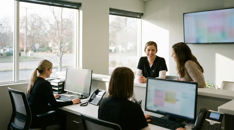 Calm dental front desk with staff focused on an in-person patient while routine phone calls are handled