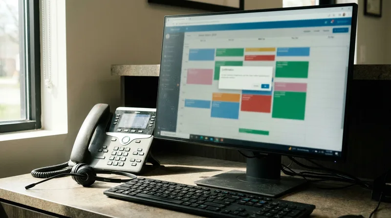 Practice management calendar screen showing a confirmed patient appointment beside a phone headset