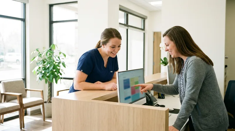 Dental front desk team members collaborating on patient scheduling together
