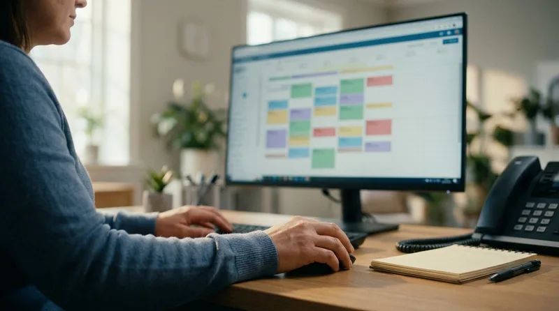 Dental office manager reviewing overdue patient recall list beside a weekly schedule with open appointment slots