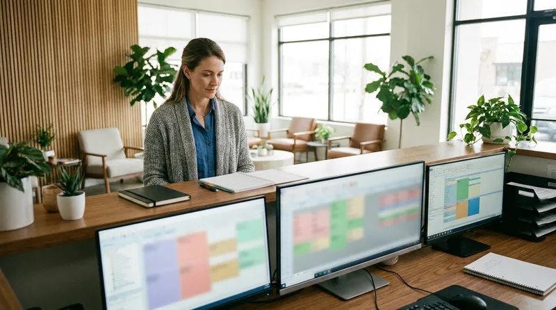 Dental office manager overseeing multiple software systems at the front desk