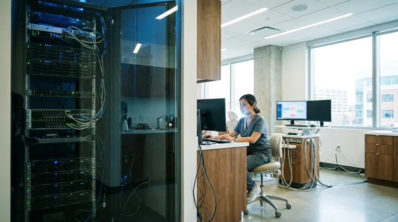 Dental office workstation showing a cloud software dashboard next to on-premise server hardware