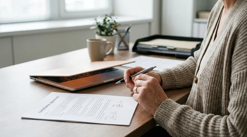 Office administrator reviewing a signed compliance agreement for virtual receptionist data security