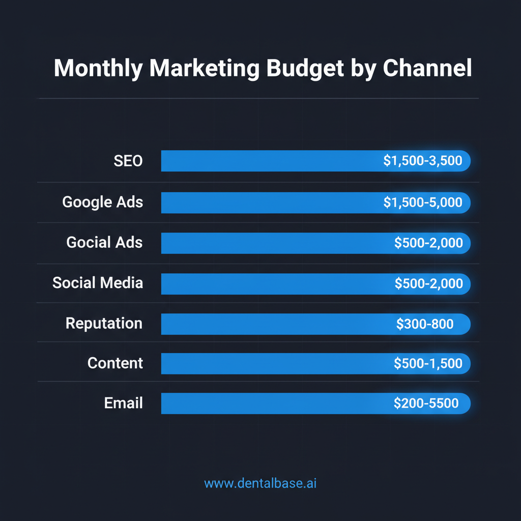 Dental Marketing Monthly Budget by Channel Online marketing budget breakdown for dentists showing monthly cost ranges for SEO, Google Ads, social media, reputation, content, and email channels