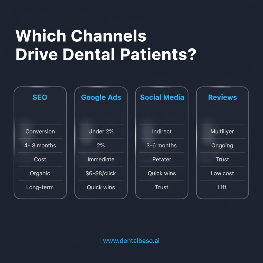 Dental Marketing Channel Comparison Chart Online marketing channel comparison for dentists showing SEO, PPC, social media, and reviews by conversion rate, time to results, and cost