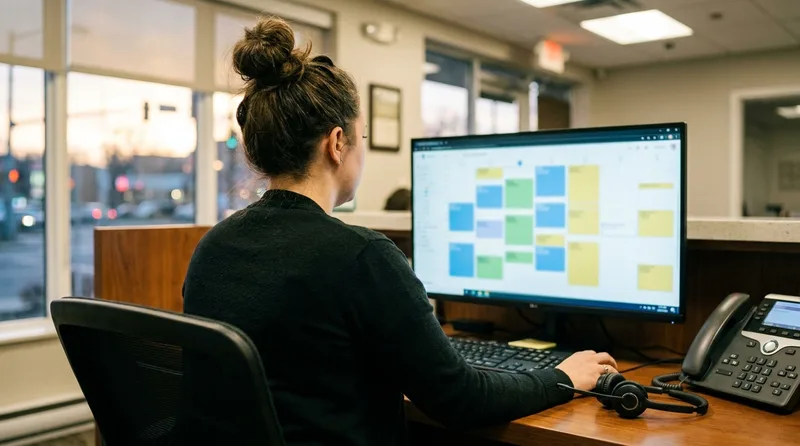 Dental office manager reviewing a color-coded appointment schedule filled with overnight bookings at a front desk