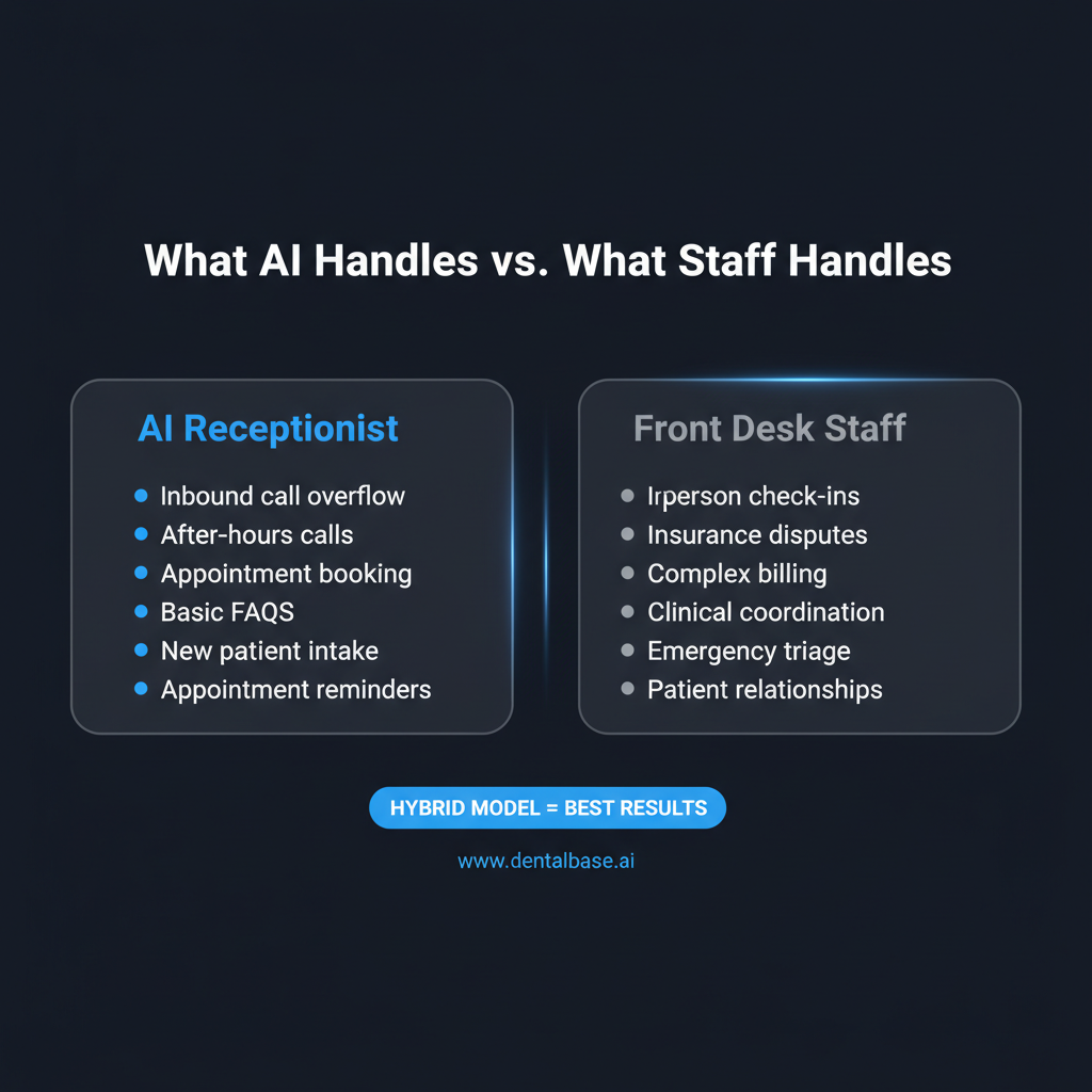 Task comparison showing what an AI receptionist handles versus what front desk staff handles in a dental practice