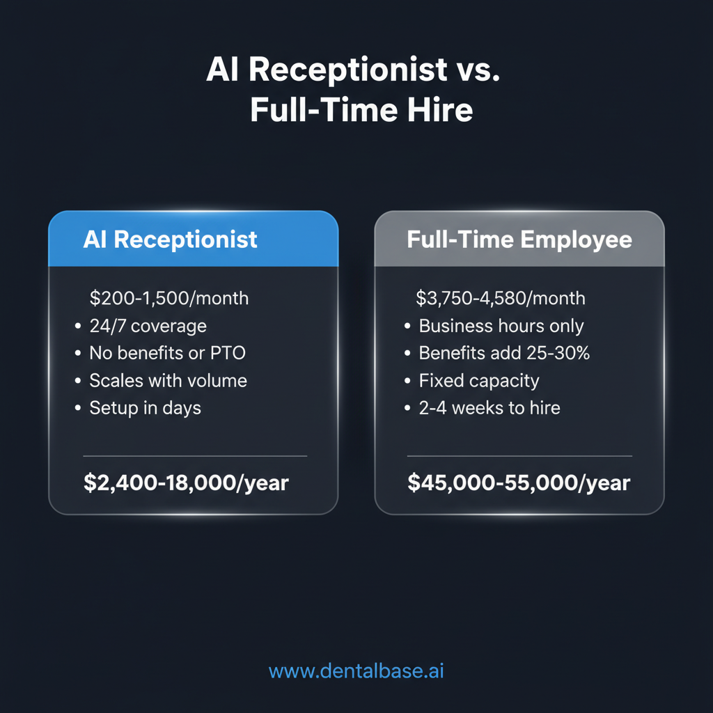 Cost comparison between AI medical receptionist at $200-$1,500 per month and full-time hire at $45,000-$55,000 per year