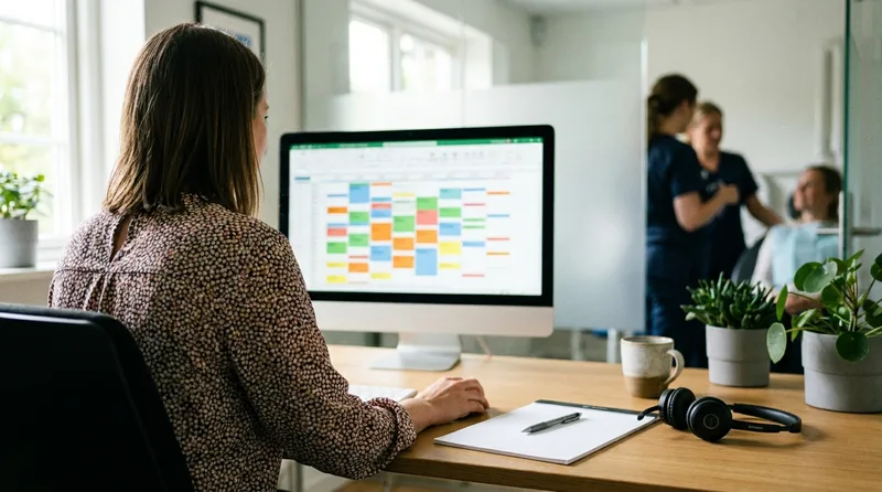 Dental office manager reviewing a call log on a monitor to plan phone coverage and shorten answer time