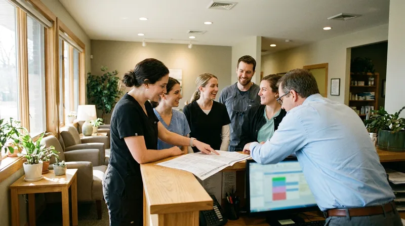 Dental practice team reviewing a phased 90 day plan for rolling out automated appointment reminders