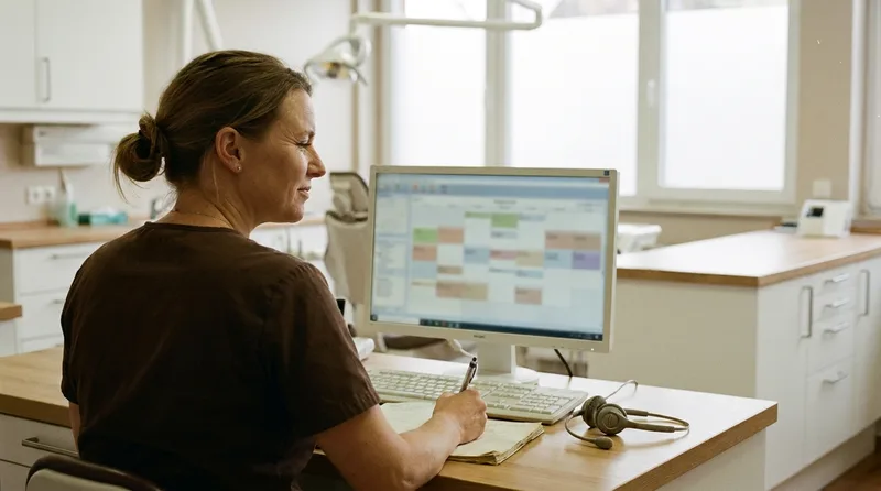 Dental office manager reviewing the previous day's appointment bookings on a monitor with a notepad and headset nearby