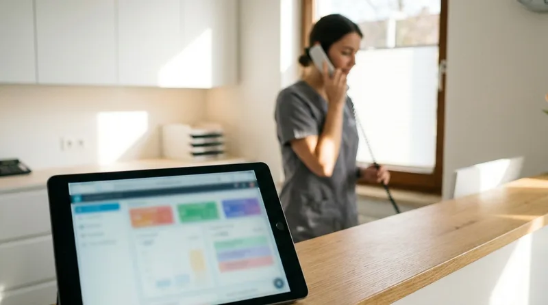 Modern dental office phone system dashboard shown alongside a receptionist handling a separate call