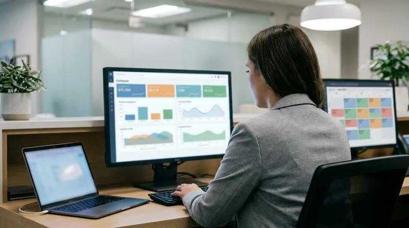 Dental office manager reviewing a unified analytics dashboard that combines scheduling and production data from several practice systems