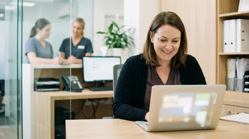 Dental practice owner reading patient feedback on a laptop while the front desk team works behind