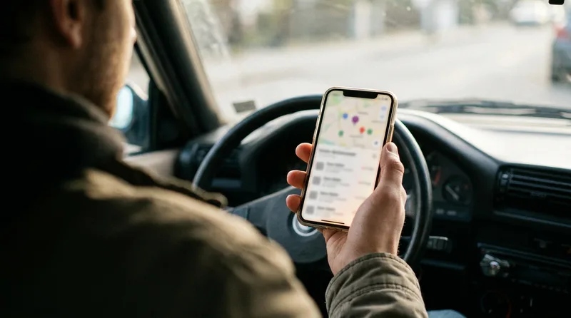 Person comparing nearby dental office listings on a smartphone map while sitting in a parked car
