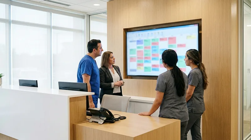 Dental team reviewing a packed daily appointment schedule on a wall monitor