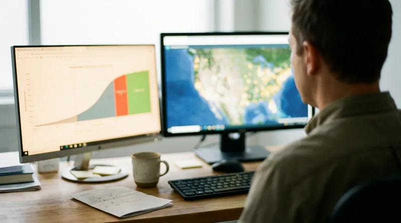Dental marketing manager reviewing organic search rankings and Google Ads performance on two monitors