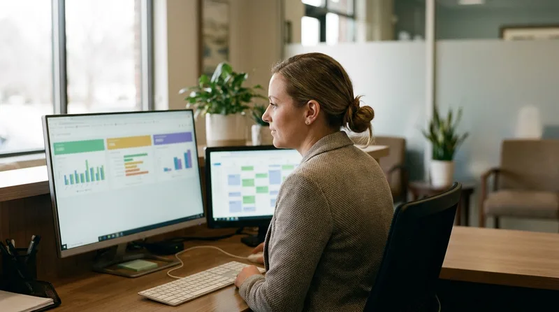 Dental office manager comparing three email marketing platform options on a monitor beside practice management software