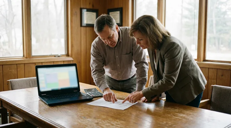 Dental practice owner and office manager reviewing a one-page follow up ROI summary at a conference table