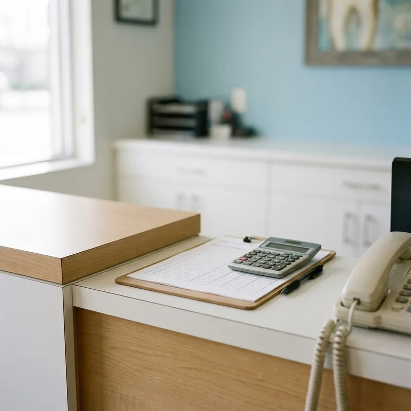 Dental front desk with a call log clipboard, calculator and desk phone for working out call-to-booking conversion rate