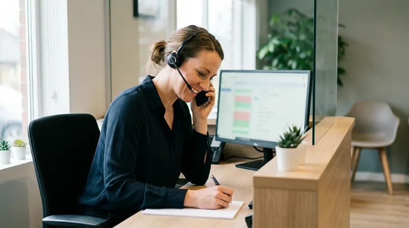 Dental front desk coordinator with a headset answering a new patient call at a specialist practice