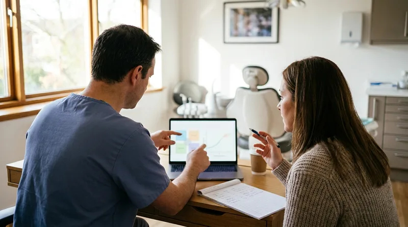 Dentist and practice manager reviewing email campaign performance metrics on a laptop dashboard in a consultation room