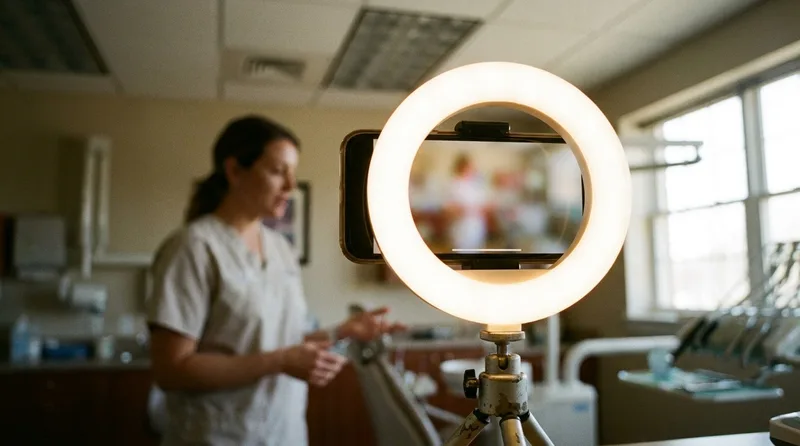 Ring light mounted on a smartphone tripod set up to film a dental provider with warm, even lighting
