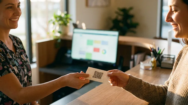 Front desk team member handing a patient a QR code card to leave a Google review
