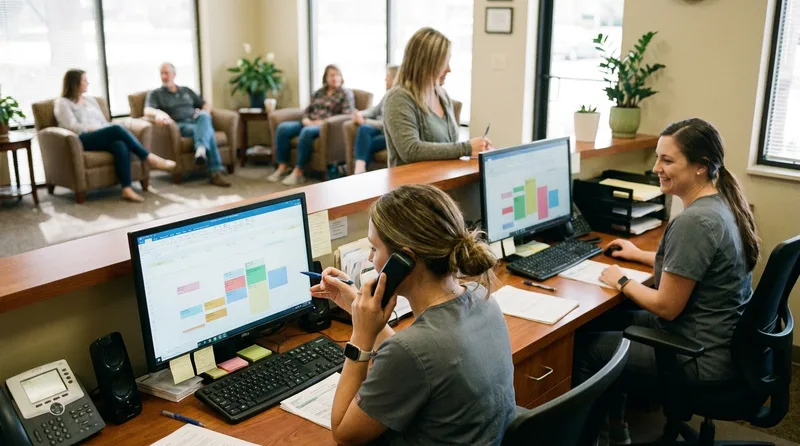 Dental front desk staff managing phones and patient scheduling during a busy cutover week