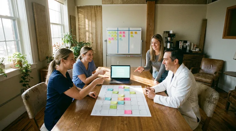 Dental team planning a 90-day Facebook marketing rollout around a conference table