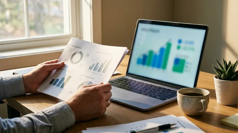 Practice manager reviewing a monthly referral tracking report next to a laptop graph