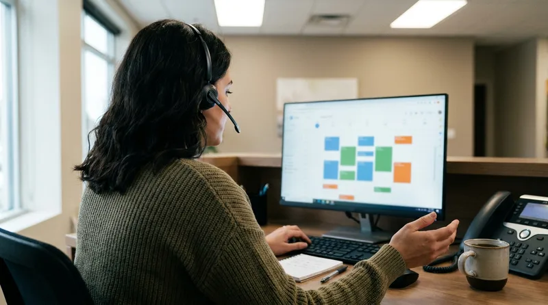 Front desk coordinator with a headset logging a new orthodontic consult into a scheduling system