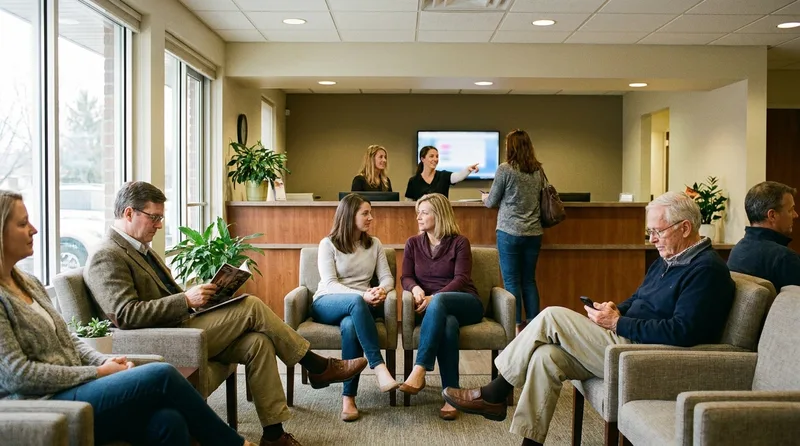 Busy dental practice waiting room showing patients returning after a successful reactivation campaign