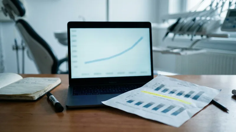 Laptop and printed report showing upward trend in brand search volume and new patient referral share