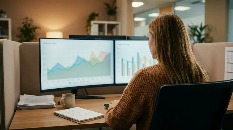 Dental practice manager reviewing website traffic and booking performance charts on a dual-monitor desk setup