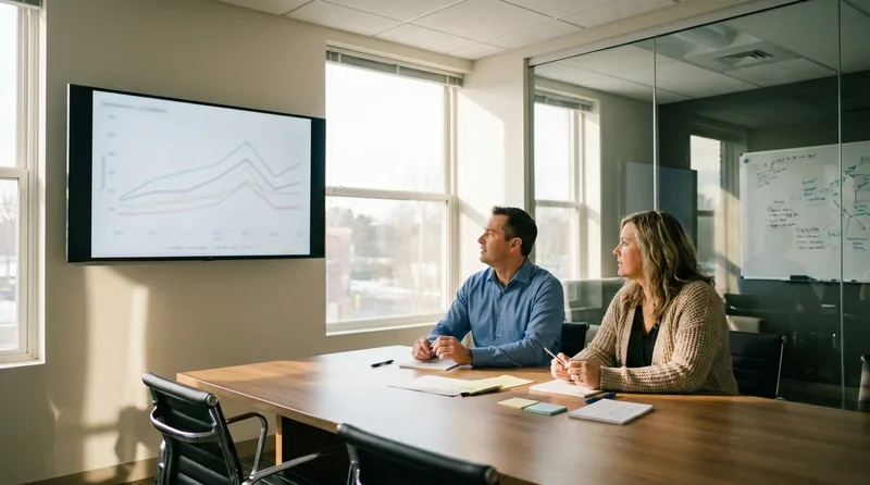 Practice owner and office manager reviewing monthly social media performance graphs on a wall monitor
