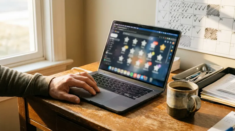 Laptop showing a review dashboard beside a wall calendar for scheduling daily, weekly, monthly and quarterly reputation checks