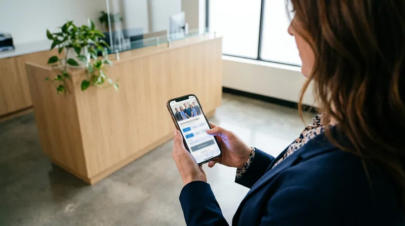 Dental office manager checking the practice Facebook page and Book Now button on a smartphone