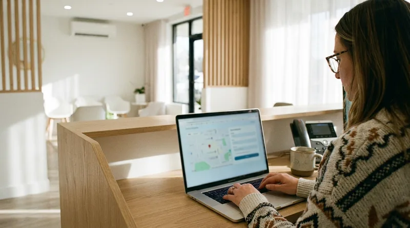 Dental office manager setting up a Google Maps business listing on a laptop at the reception desk