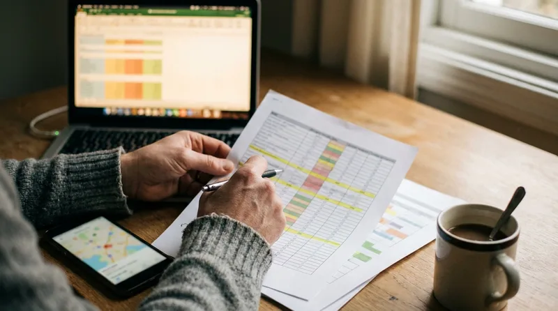 Hands highlighting mismatched rows on a printed location spreadsheet during a dental group listing audit