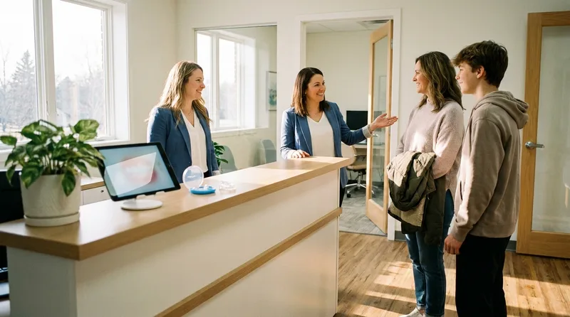 Orthodontic treatment coordinator welcoming a parent and teenager at a bright reception desk for a consultation
