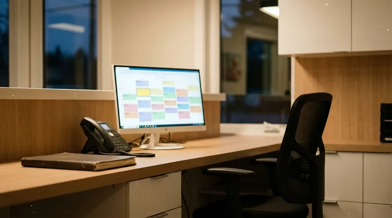 Empty dental front desk in the evening with a calendar on screen showing a new morning appointment booked after hours