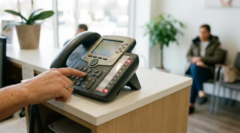 Hand pressing a line button on a multi-line dental office desk phone at a reception counter