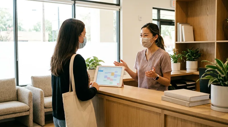 Calm dental reception area with a scheduling dashboard on a tablet at the front desk
