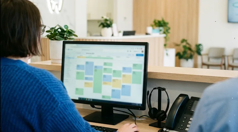Orthodontic office coordinator reviewing an AI-routed call and scheduling dashboard at the front desk