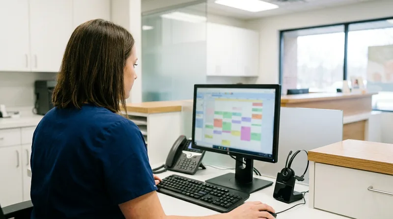 Dental office manager reviewing a daily appointment schedule on a monitor beside a desk phone and headset