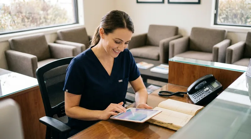 Dental front desk coordinator replying to patient Facebook messages on a tablet