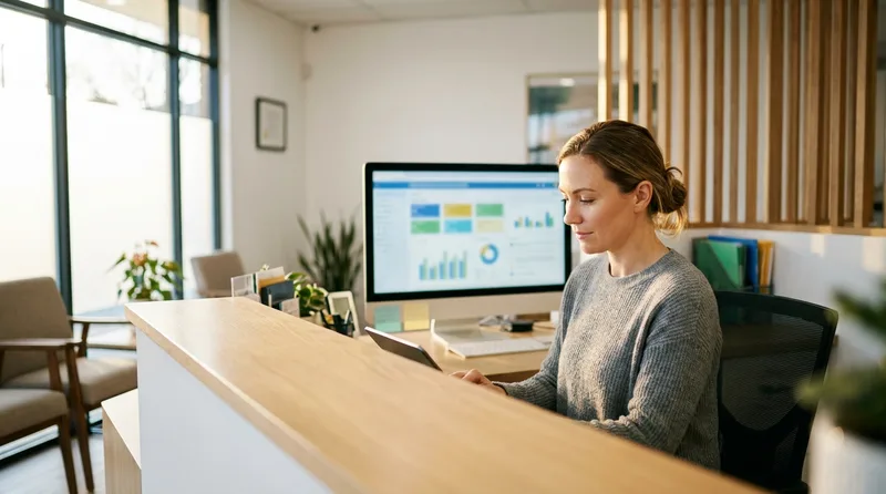 Dental office coordinator reviewing an automated recall list of overdue patients on a tablet
